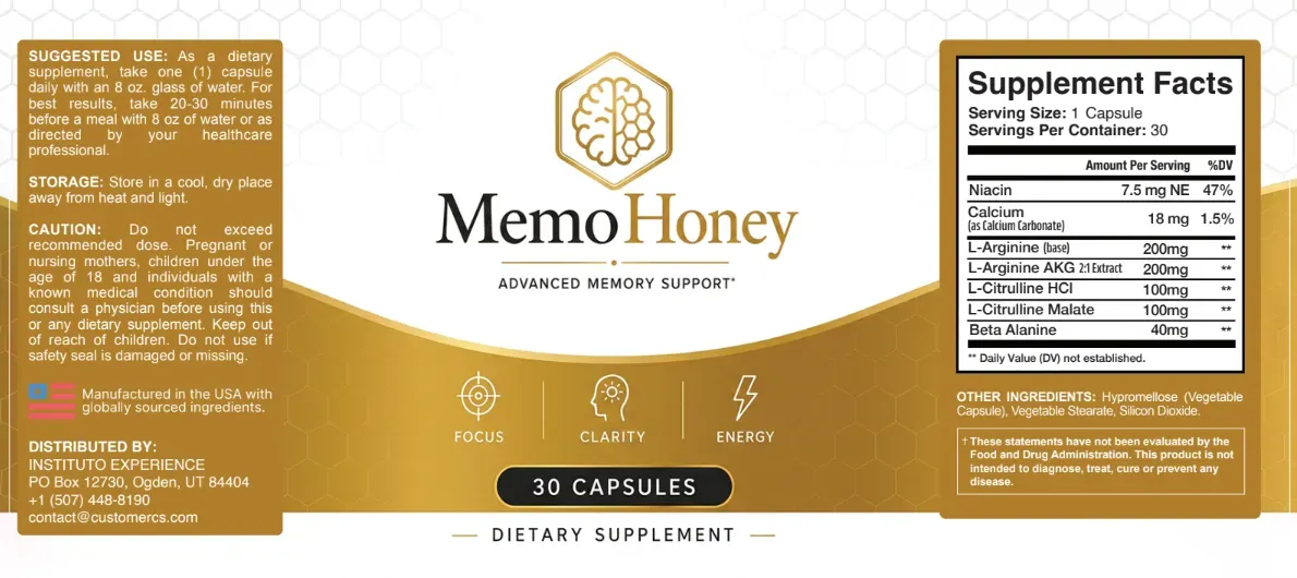 MemoHoney supplement facts label